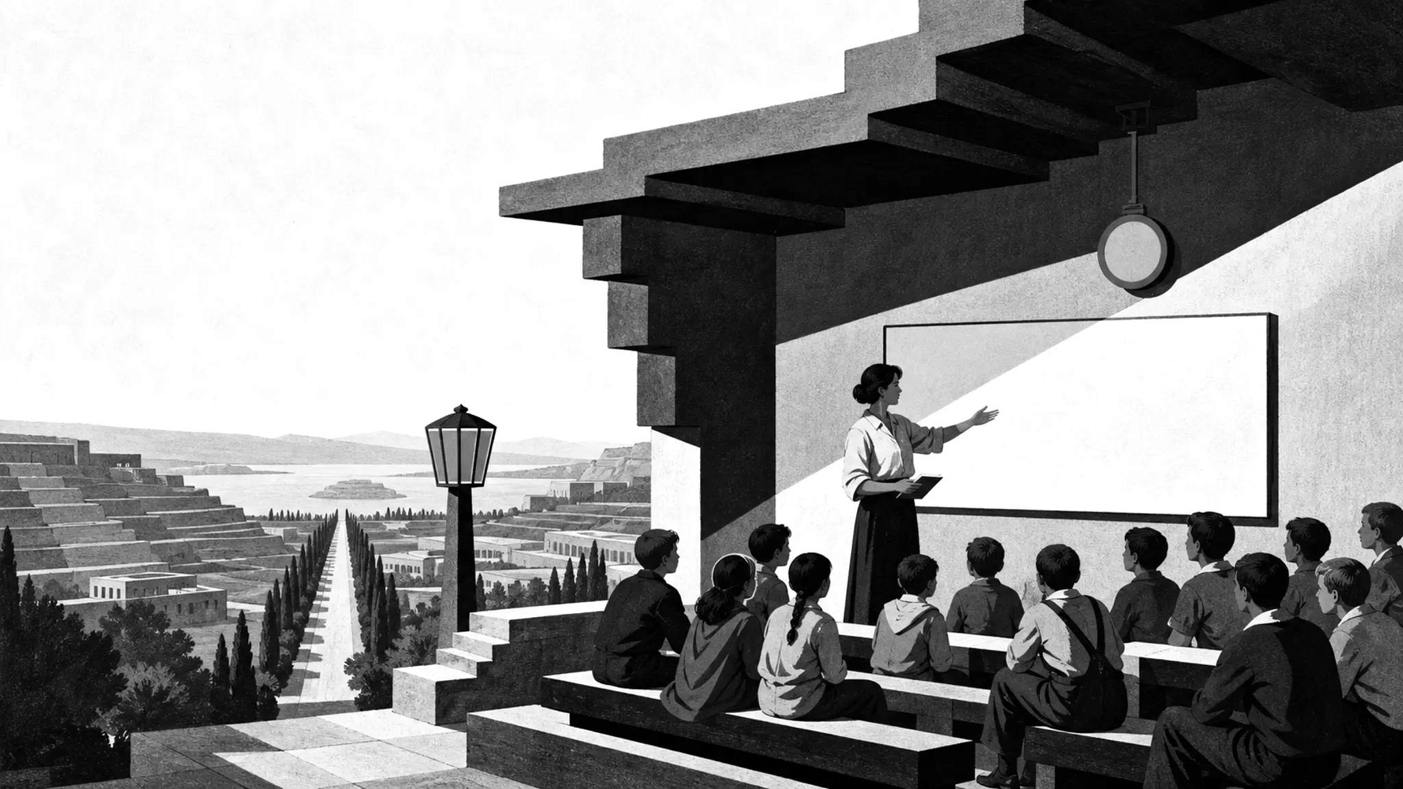 Flat poster of a lesson beneath a stepped canopy: a teacher at a blank board, children on bench rows, a single red pendulum clock.